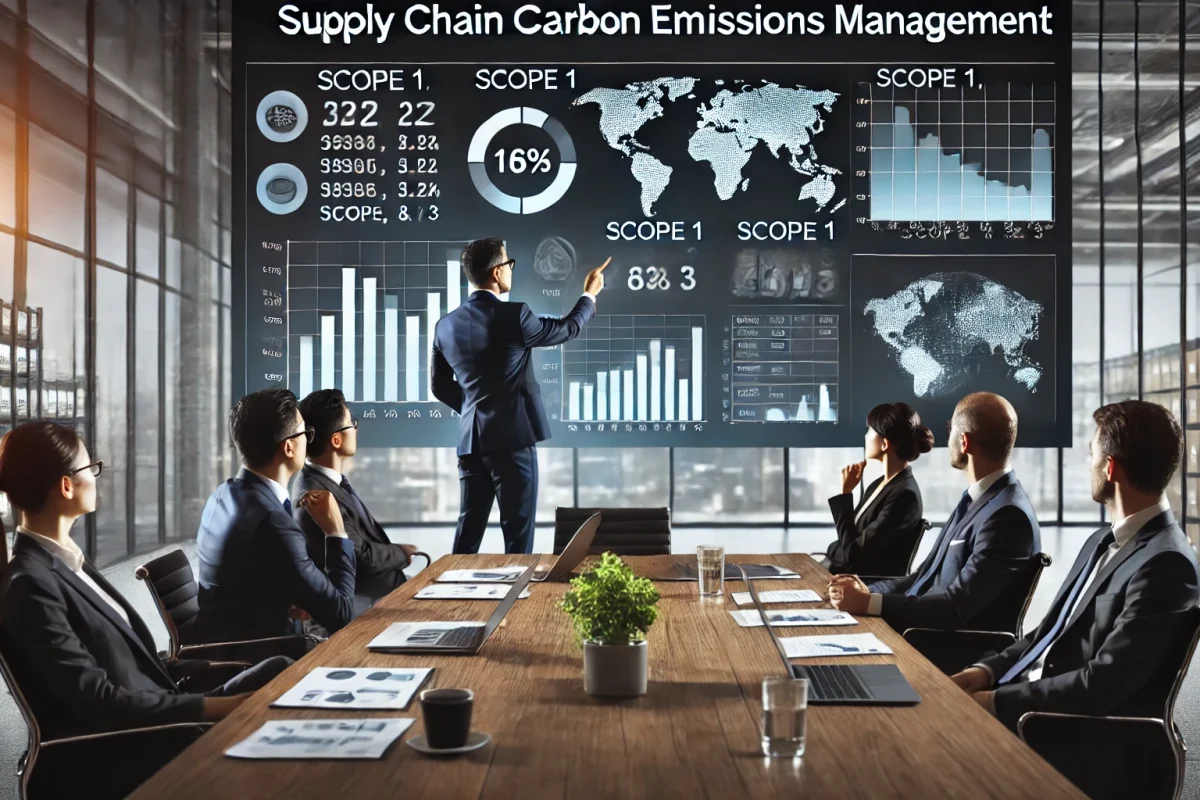 2024-11-29 15.35.46 - A 16_9 image of a business meeting where professionals are discussing supply chain carbon emissions management. The setting includes a presenter point